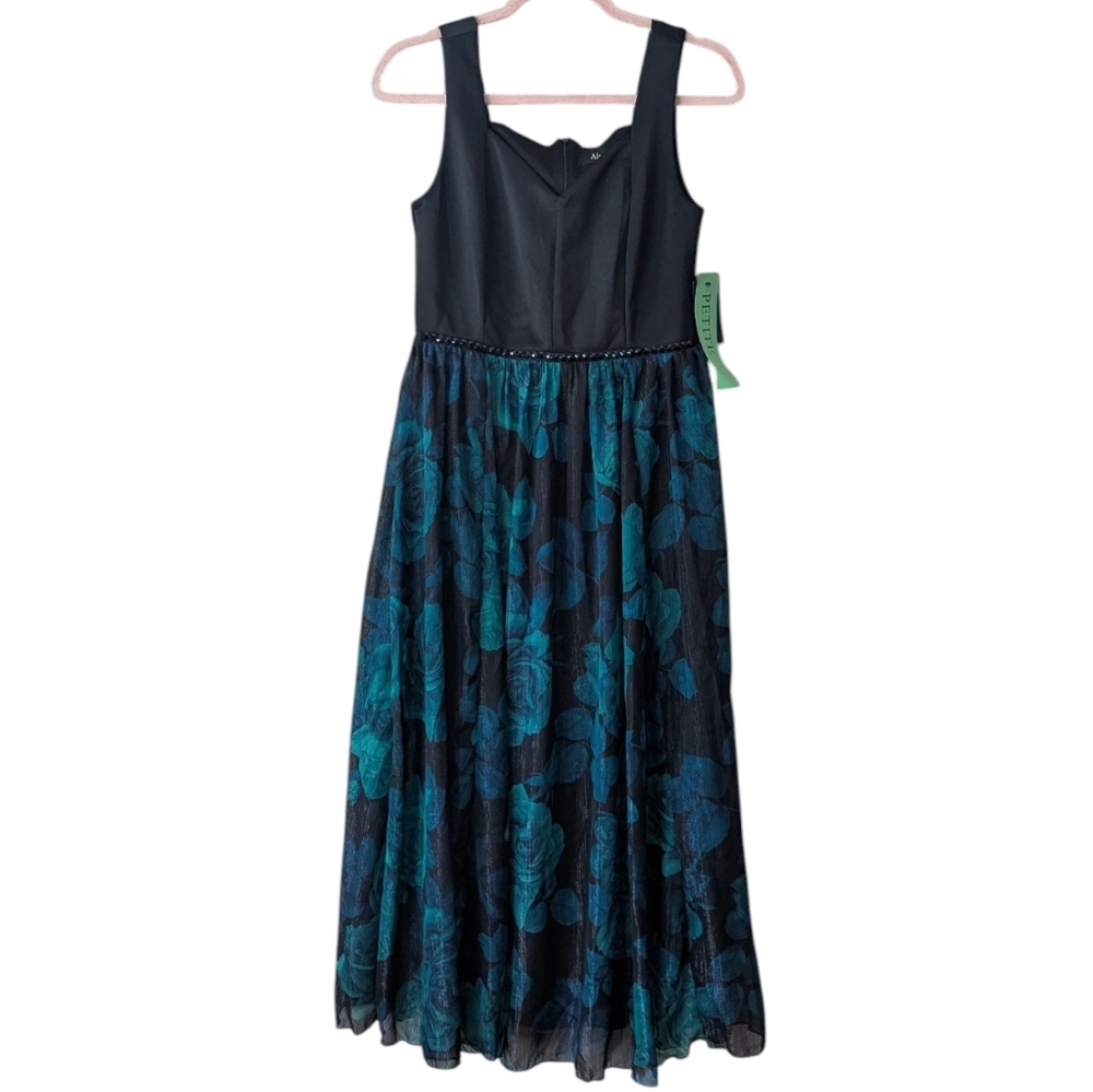 Alexa B Teal Black Sheer Floral Cocktail Dress Studded Waist Lined Long Size 8P